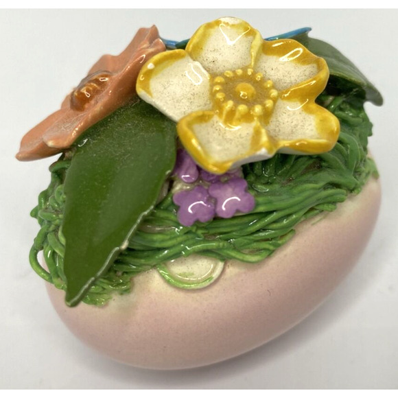 Vintage Unique Mini Ceramic Pink Egg with 3D Flower & Leaf Applique SKU PB188-7 - Picture 2 of 4